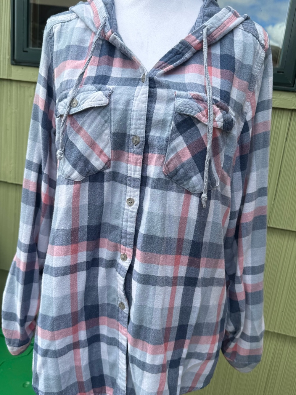Boston Traders Pink & Blue Plaid Hooded Button-Down Shirt with hood.
